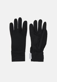 Schwarze Handschuhe aus einem flexiblen Material, mit einer strukturierten Grifffläche auf den Handflächen, elastischen Bündchen und einem hervorgehobenen Logo am Handgelenk.