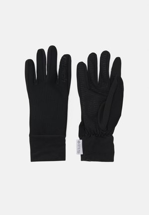 Black gloves made from a flexible material, featuring a textured grip on the palms, elastic cuffs, and a raised logo on the wrist.