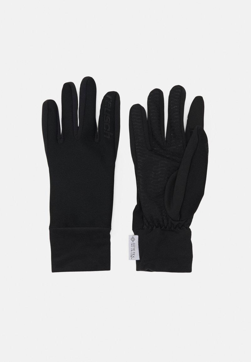 Schwarze Handschuhe aus einem flexiblen Material, mit einer strukturierten Grifffläche auf den Handflächen, elastischen Bündchen und einem hervorgehobenen Logo am Handgelenk.
