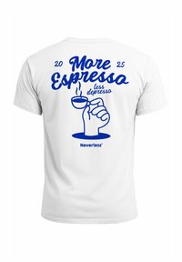 Weißes Baumwoll-T-Shirt mit blauer Schrift: "Mehr Espresso, weniger Depresso", einer Kaffeetasse als Grafik und dem "Neverless"-Logo unten.