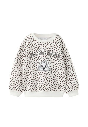 Sweat-shirt blanc avec des taches brunes, texte ""Dalmatians"" et visage de chiot dalmatien en dessin animé à l'avant, poignets et ourlet côtelés.