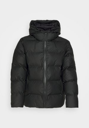 Black puffer jacket with a hood, featuring a quilted design, front zip closure, and adjustable drawstrings on the hood. Smooth texture.