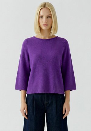 Vrouw met steil blond haar, gekleed in een paarse trui met lange mouwen en een donkerblauwe broek, staand tegen een effen lichte achtergrond.