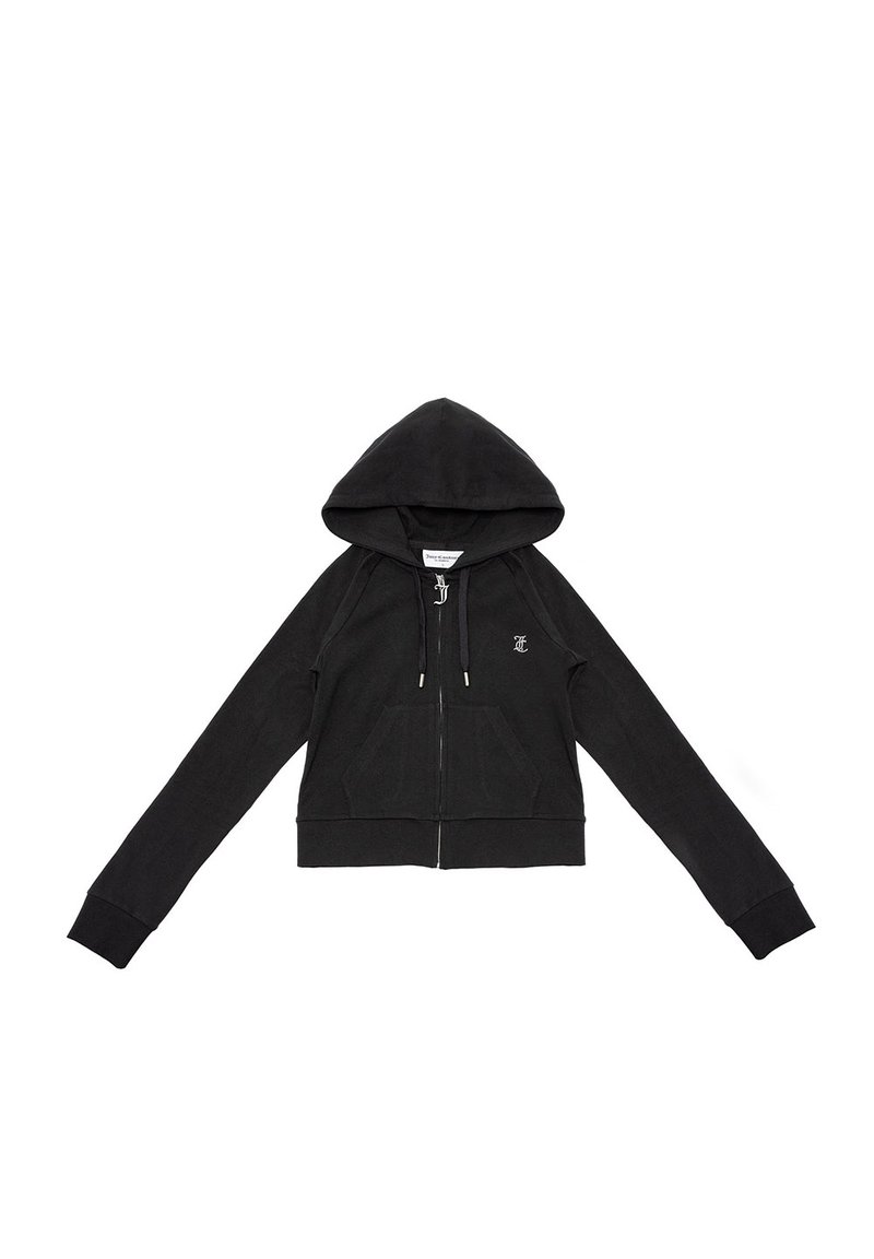 Felpa nera corta realizzata in materiale felpato. Presenta una zip frontale, cappuccio con cordino e due tasche frontali. Logo del brand discreto sul petto.