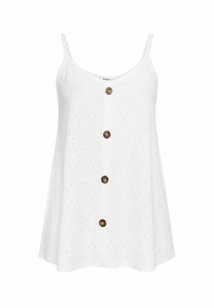Top bianco senza maniche con design svasato, caratterizzato da una fila di sei bottoni marroni sul davanti e un motivo testurizzato che lo attraversa.
