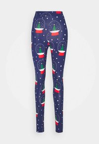 Navy leggings featuring a pattern of snow globes with trees and red bases, accented by white snowflakes, made from soft, stretchy fabric.