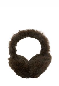 Brune ørevarmere i imiteret pels med et bredt, blødt bånd og afrundede ørekopper. Blød tekstur og tyk isolering for varme og komfort.