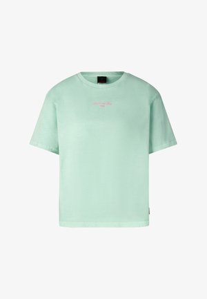 Mint green short-sleeve T-shirt with crew neck and small pink "Pink and Ice" text logo centered on the chest.