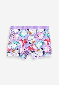 Boxer in cotone viola con una stampa giocosa di animali, con visi di vari personaggi in tonalità di rosa, rosso, verde e nero. Vita elastica.