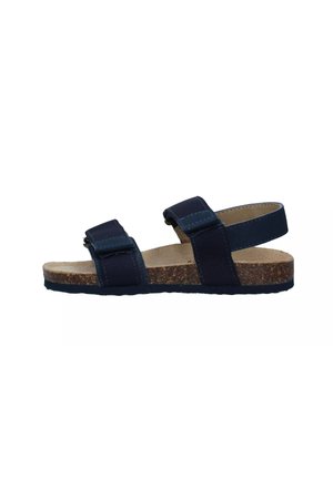 Sandali blu navy con due cinturini regolabili, soletta in sughero e suola in gomma testurizzata, progettati per comfort e stabilità.