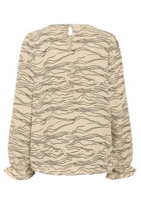 Långärmad blus i beige tyg med svart abstrakt vågmönster, nyckelhål baköppning och rynkade manschetter på ärmarna.