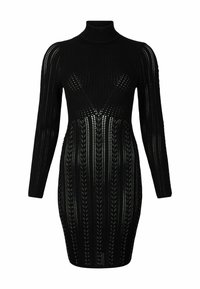 Robe tricotée noire avec un col montant, des manches longues et une silhouette ajustée, ornée d'un motif texturé de lignes verticales et d'empiècements.
