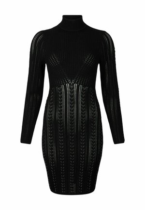Abito nero in maglia con collo alto, maniche lunghe e silhouette aderente, caratterizzato da un motivo testurizzato di linee verticali e ritagli.