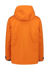 Orange vandafvisende jakke med hætte, lige pasform og kontrasterende sorte detaljer ved manchetterne. Glat tekstur og holdbart materiale.