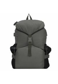 Grau backpack mit einem gepolsterten oberen Teil, seitlichen Netzfächern und verstellbaren Trägern. Verfügt über einen Schnallenverschluss und strapazierfähigem Material mit einer strukturierten Oberfläche.