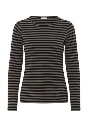 Chemise à manches longues rayée avec des bandes horizontales noires et brun foncé, fabriquée en tissu doux, dotée d'une encolure dégagée et d'une coupe ajustée.
