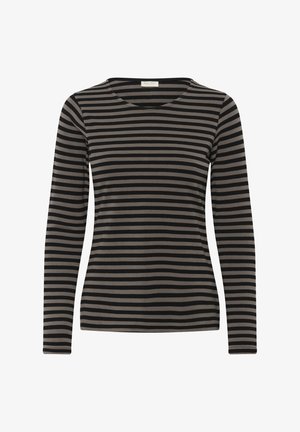 Majica z dolgimi rokavi s črtami, ki vključuje horizontalne črne in temno rjave črte, izdelana iz mehkega materiala, z okroglim ovratnikom in prilegajočo zasnovo.