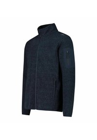 Marineblaue Zip-Jacke mit strukturierter Optik, Stehkragen, zwei seitlichen Taschen und einer Reißverschlusstasche am Arm, mit einem kontrastierenden Einsatz am Ärmel.