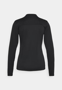 Black long-sleeve top made from smooth fabric, featuring a rounded collar and a straight hem, with no visible patterns or embellishments.