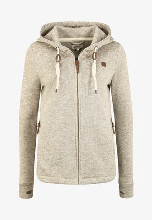 Beige Strick-Hoodie mit durchgehendem Reißverschluss, Kordelzugkapuze und zwei Seitentaschen. Sie verfügt über braune Akzente und Daumenlöcher in den Bündchen.