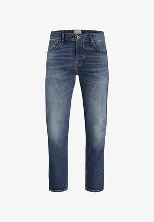 Mørkeblå denimjeans med straight cut, falmet front, fem-lommers design og kontrastsøm. Hjemmene er lett rullet.