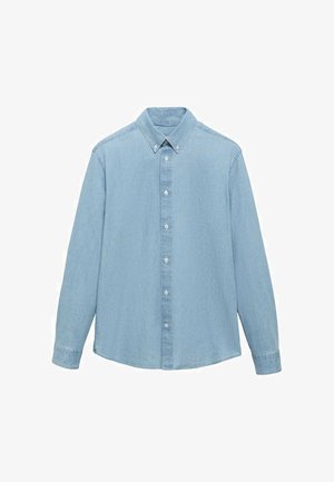 Jasnoniebieska koszula dżinsowa, z długimi rękawami, kołnierzyk zapinany na guziki, guziki z przodu, prosty krój, miękka tekstura i klasyczny design.
