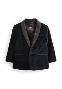 Blazer in velluto blu navy con rever in raso nero. Presenta chiusura con un solo bottone e due tasche frontali con bordi in raso.