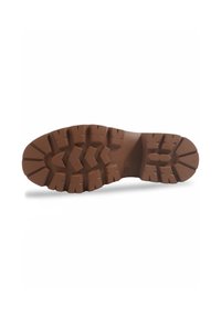 Semelle en caoutchouc brun avec un motif de bande de roulement texturé, comprenant de profonds rainures et crampons pour une meilleure adhérence et traction sur différentes surfaces.