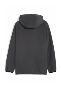 Dunkelgrauer Hoodie aus Fleece, mit Kapuze, langen Ärmeln mit elastischen Bündchen und einer einfachen, glatten Textur.