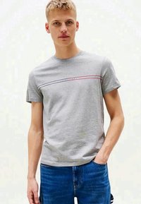 Camiseta cinza de algodão com decote redondo e mangas curtas, acentuada por riscas horizontais vermelhas e azuis no peito.