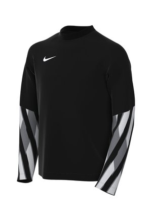 Schwarzes langärmliges Sportoberteil mit weißem Nike-Logo auf der Brust und grau-weißen und schwarzen geometrisch gemusterten Ärmeln.