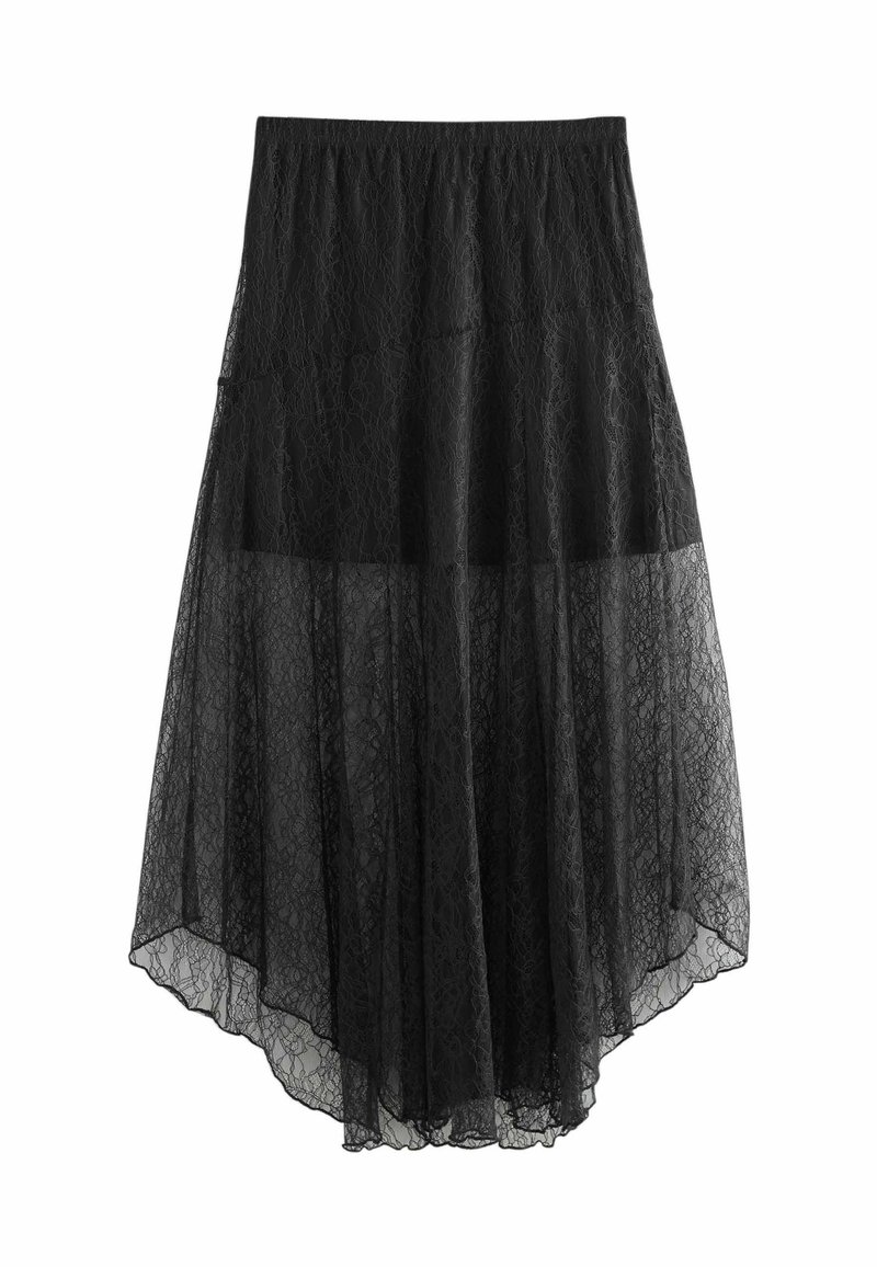 Jupe noire asymétrique avec superposition en dentelle et taille élastique, dotée d'une doublure intérieure unie se terminant au-dessus de l'ourlet de la couche extérieure en dentelle.