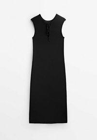 Abito nero senza maniche con una silhouette aderente, caratterizzato da un dettaglio con lacci sul collo e un tessuto liscio e strutturato.