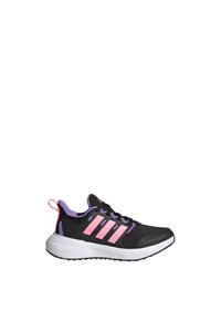 Scarpa sportiva nera con accenti rosa e viola. Presenta una tomaia in rete traspirante, tre strisce rosa e una suola bianca ammortizzata.