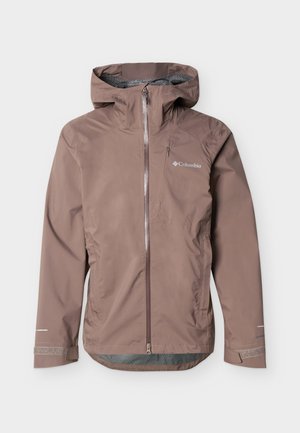 Αδιάβροχο σακάκι ανοιχτό καφέ με κουκούλα, ολόκληρο φερμουάρ μπροστά, τσέπη στο στήθος και ρυθμιζόμενους ιμάντες στους καρπούς, με το λογότυπο Columbia στο στήθος.