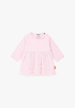 Rosa Langarmkleid mit einem strukturierten, rüschendekorierten Rock, einer Blumenakzent naheliegend am Hals und seitlichen Druckknopfverschlüssen für ein einfaches Ankleiden.