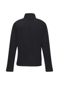 Veste polaire noire à manches longues et col montant, vue de dos sur fond blanc.