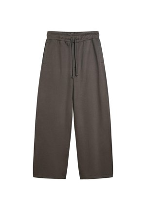 Dark brown, wide-leg sweatpants made of soft fabric. Features an elastic waistband with a drawstring and side pockets. Smooth texture.