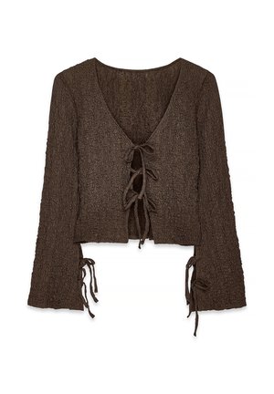 Brown cropped top with a textured finish. Features a deep V-neck and tie-front design, with long, flared sleeves and adjustable ties at wrist.