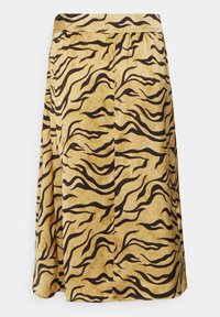 Geel rokje met een tijgerstreeppatroon in zwart. Gemaakt van een gladde stof, met een tailleband en een vloeiende A-lijnsilhouet.