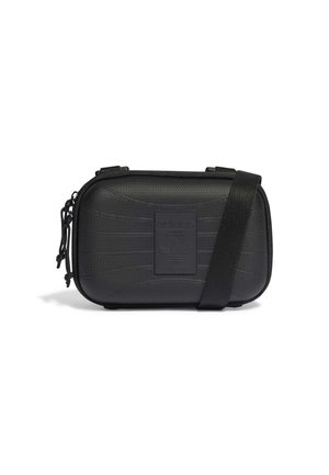 Sac bandoulière rectangulaire noir texturé avec sangle réglable et écusson logo Adidas embossé sur le devant.