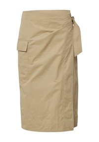 Beige wrap skirt made of lightweight fabric, featuring a side tie and a pocket on the left side, with a simple, smooth texture.