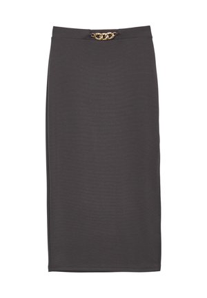 Gonna grigia scura lunga fino al ginocchio con un design aderente. Presenta una trama sottile e un accento in catena dorata in vita, che aggiunge un dettaglio decorativo.