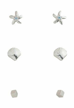 Six silver stud earrings in pairs: starfish with blue gem, scallop shell, and smooth cube shapes on white background.