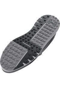 Suela de zapato deportivo en negro y gris que presenta un caucho texturizado con treads multidireccionales para agarre y soporte, y una sección central lisa.