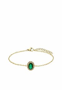 Bracelet en or avec une pierre précieuse verte ovale entourée de pierres claires, avec une chaîne délicate et un fermoir en homard.