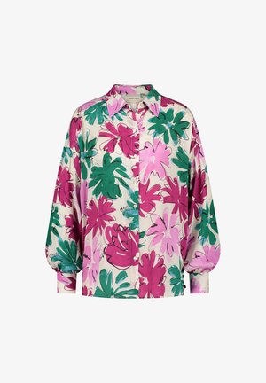 Bloemige shirt met roze en groene bladerenpatronen, gemaakt van lichtgewicht stof, met een knoopsluiting aan de voorkant en lange, licht gepofte mouwen.