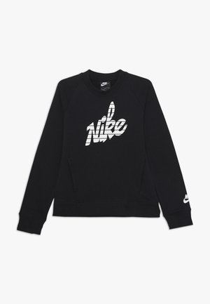 Czarna bluza z bawełnianej mieszanki, z białym poziomym paskowanym logo "Nike" na przodzie oraz ściągaczami na rękawach.