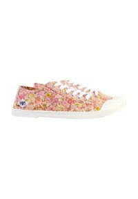 Sneakers in tela floreale rosa con lacci bianchi e suole in gomma. Presentano un motivo floreale colorato e un design con punta rotonda.