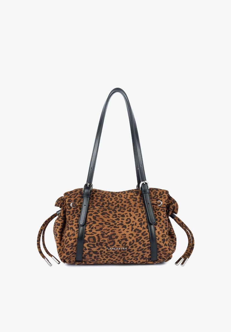 Sac à épaule marron et noir imprimé léopard avec des sangles en cuir noir et des côtés à cordon, comportant un petit logo Lancaster argenté à l'avant.